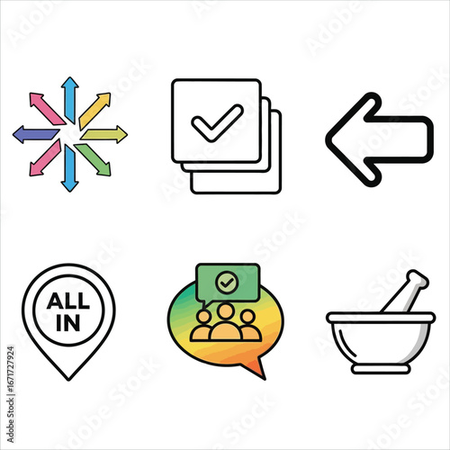 Collection of six diverse vector icons representing different concepts