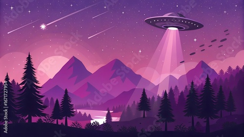A captivating illustration of a ufo emitting a beam of light over a mountainous landscape, set against a starry night sky with shooting stars