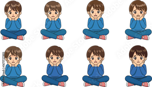 Cartoon boy, emotional expression, sitting pose, vector child, character design, expressive face, graphic art, illustration, reaction, cute, isolated, playful, thoughtful, hand on cheeks, cross-legged