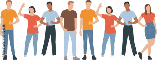 Diverse group of people standing together, casual modern fashion, multi-ethnic friends posing, social gathering, teamwork concept, young adults, community, friendship, collaboration illustration.
