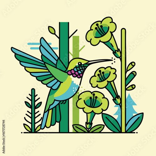 Stylized hummingbird in flight feeding on nectar from flowers.