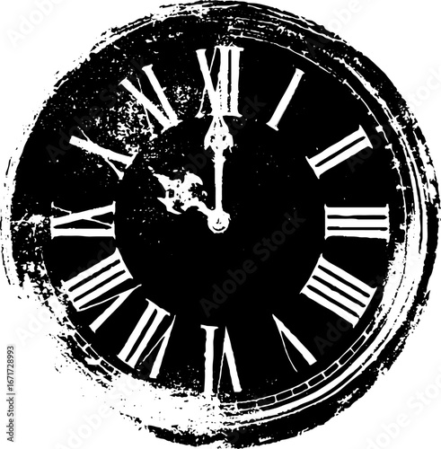 Vintage grunge black and white clock illustration for christmas design and decor