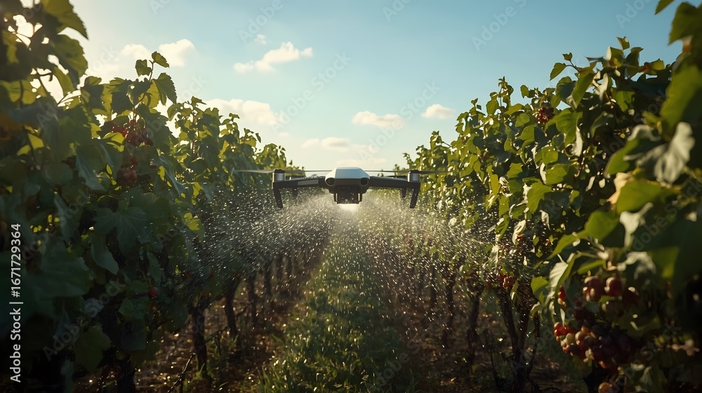 Naklejka premium A drone flying low over rows of a lush green vineyard, spraying a fine mist of liquid, representing modern technology in smart agriculture and viticulture