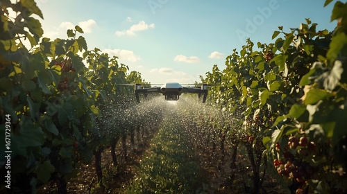 A drone flying low over rows of a lush green vineyard, spraying a fine mist of liquid, representing modern technology in smart agriculture and viticulture