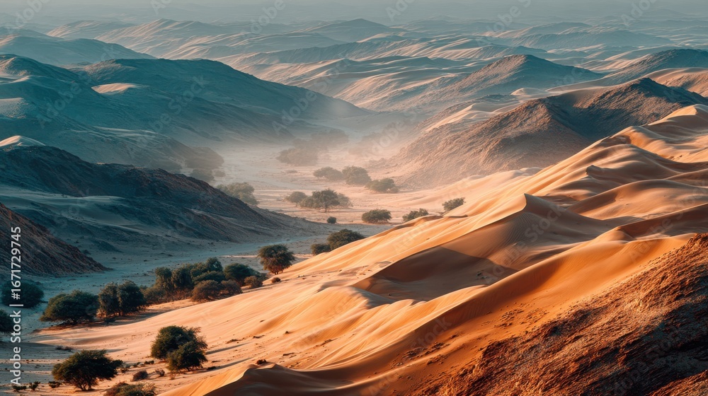 Fototapeta premium Serene desert landscape showcasing rolling sand dunes with distant trees under a hazy sky