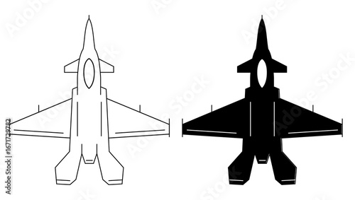 Military fighter jet silhouette icons in two bold styles: a clean black outline and a solid black filled design. The vector graphic showcases a top-view jet fighter plane illustration