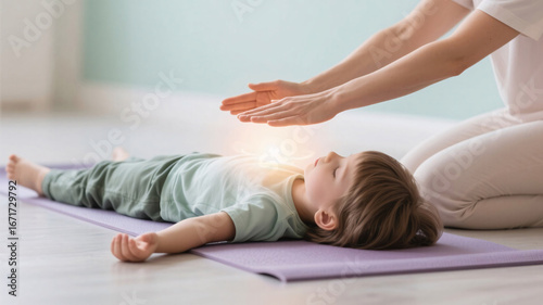 Gentle Reiki energy healing session for child lying on yoga mat, therapist’s glowing hands above chest, holistic wellness and family care concept