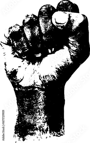 Grunge black and white illustration of clenched fist symbolizing strength and defiance for poster or urban art