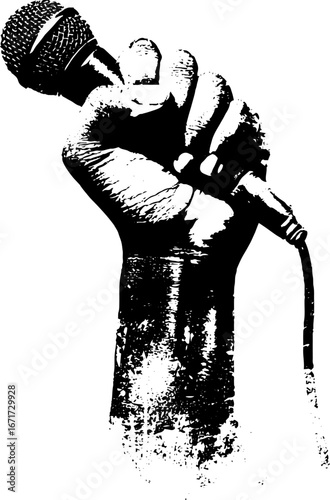 Grunge black and white illustration of clenched fist holding a microphone for music and protest designs