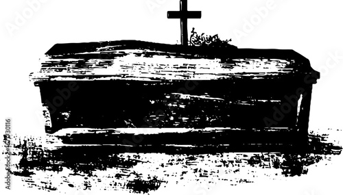 Grunge black and white coffin illustration with cross for halloween or memorial design