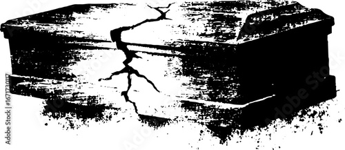 Grunge black and white illustration of coffin with cracked surface for halloween or gothic design