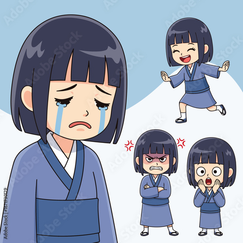Expressive Japanese schoolgirl illustration set in flat design. From joy to tears, anger to surprise—ideal for digital media, branding, and web projects.