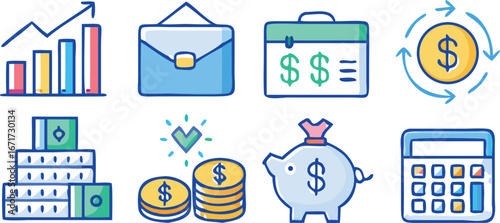 A collection of icons representing money, business, and finance concepts.