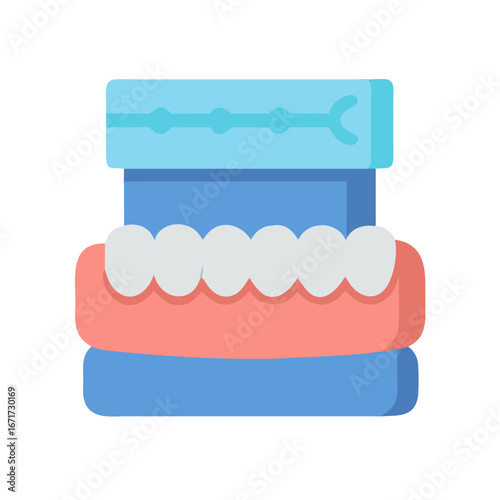 Flat graphic illustration of dentures and storage container set