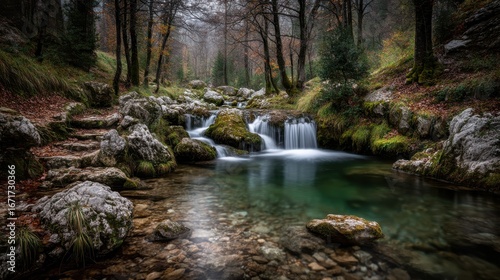 Serene forest stream with cascading waterfalls surrounded by autumn foliage and rocky terrain