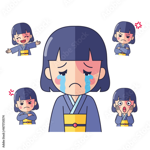 Flat vector of a Japanese schoolgirl showing happy, sad, angry, and surprised moods. Clean modern design, perfect for apps, infographics, and creative projects.