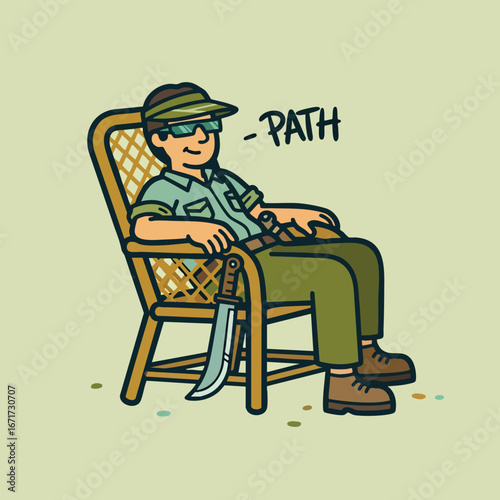 Man in a chair with a knife wearing a hat and sunglasses relaxed pose.