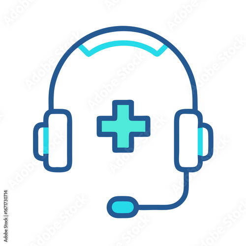 Medical helpline support icon with headset and cross symbol