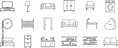 Flat vector, furniture icons, household, home decor, interior design, appliances, living room, bedroom, storage, seating, lighting, wardrobe, kitchen, bookshelf, crib, sofa, chair, bed, clock, door, 