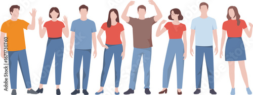Diverse group of young people standing, casual clothing, flat design characters, hand gestures, friendship concept, modern youth illustration, teamwork, unity, lifestyle, community gathering