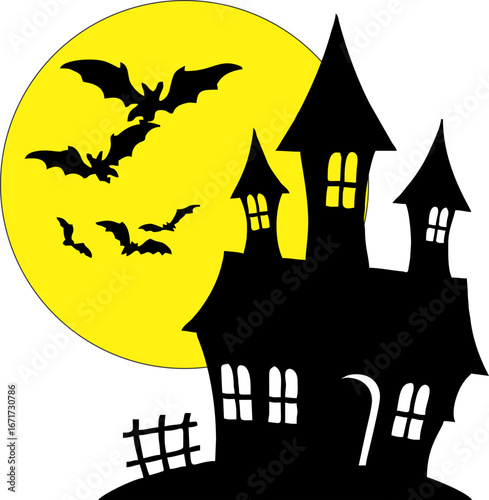 halloween haunted house with moon and bats in sky