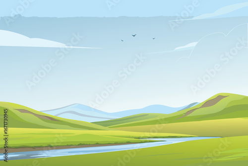 Cartoon landscape featuring a winding river flowing through rolling green hills under a bright blue sky.