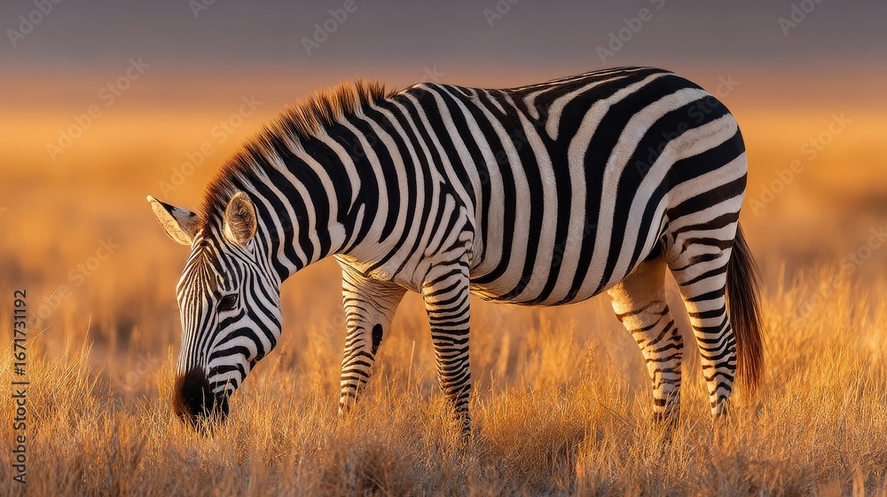 Naklejka premium A single zebra grazing in a dry grassy field during sunset, with warm golden light illuminating its stripes