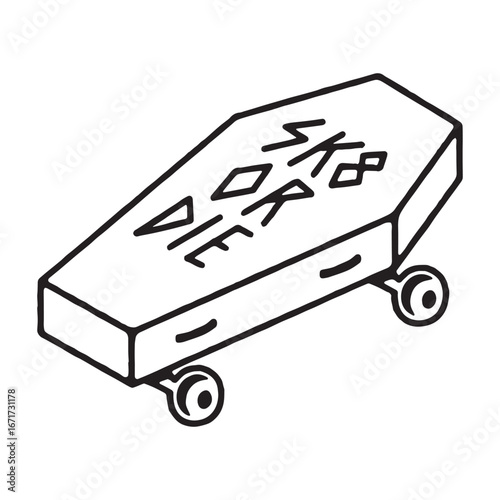SK8 OR DIE SKATEBOARD COFFIN BLACK WHITE BACKGROUND