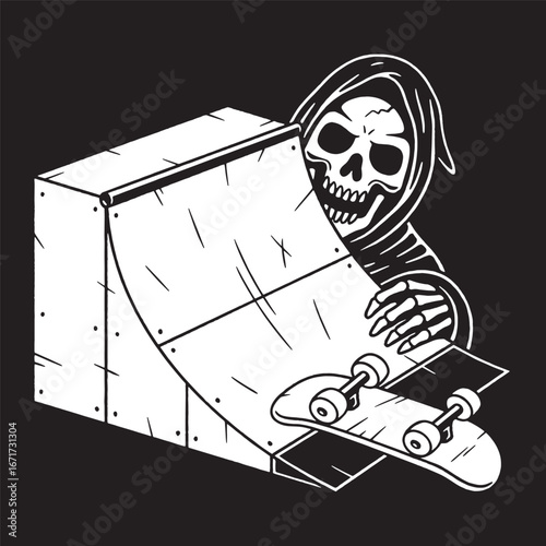 GRIM REAPER WITH SKATEBOARD AND QUARTER PIPE WHITE BLACK BACKGROUND