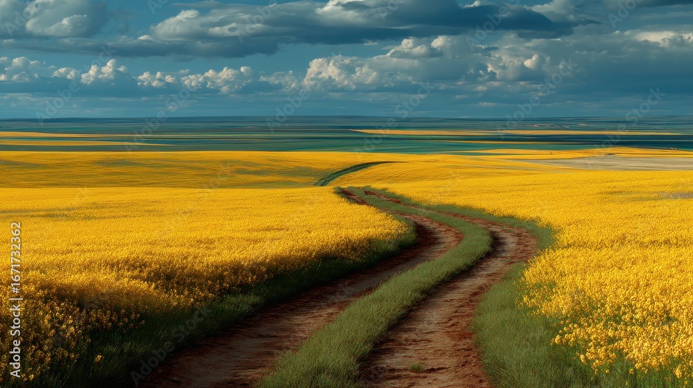 Fototapeta premium Serene winding dirt road through vibrant yellow flower fields under a dramatic sky