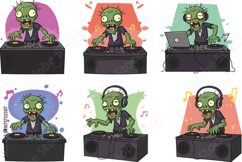 Funny zombie DJ mixing music, cartoon undead character playing turntables, Halloween party, spooky music, animated DJ, dance club, Halloween celebration, creepy music performance.