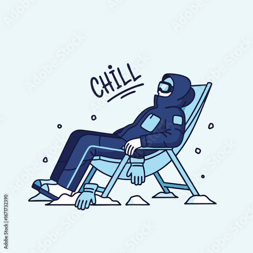 Person in winter clothing relaxing on a beach chair in the snow with the word Chill above.