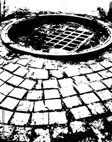 Grunge black and white illustration of cracked manhole cover on paved ground for urban design concept