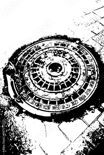 Urban grunge black and white manhole cover design for industrial prints