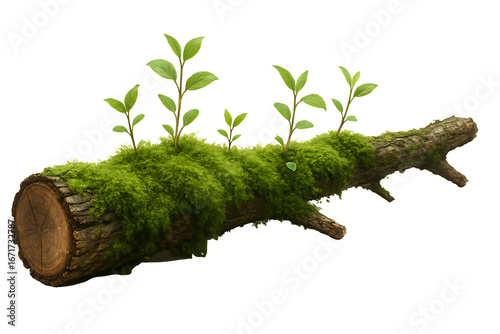 Moss Covered Wooden Log with Fresh Green Sprouts for Natural Forest Decoration