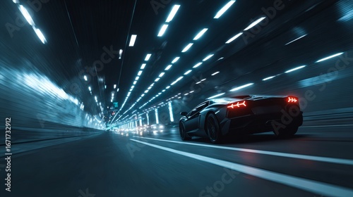 Sleek dark sports car accelerates through a neon lit tunnel with streaking lights