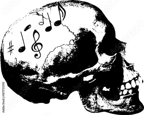 Grunge black and white skull with musical notes illustration for artistic design