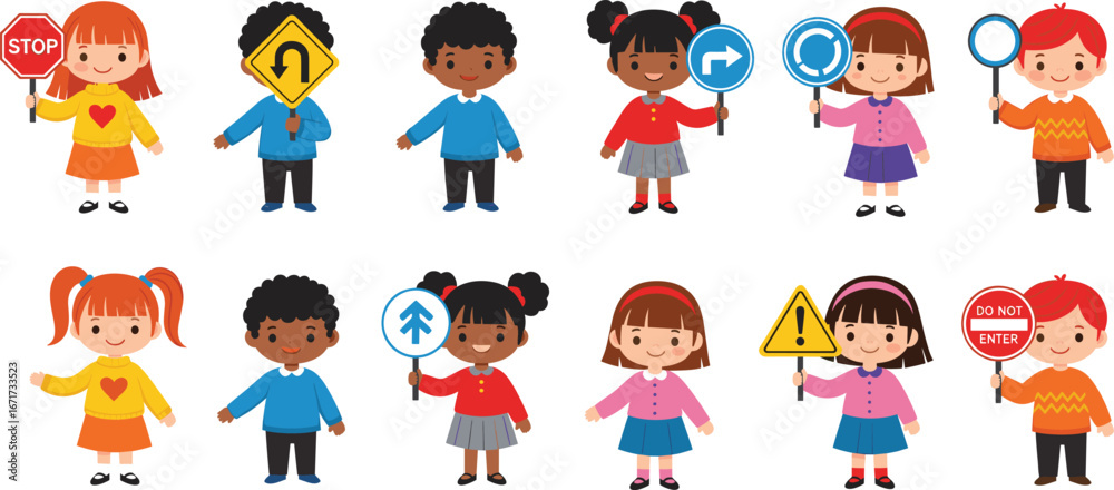 Cartoon children holding traffic signs, road safety education, diverse kids learning rules, colorful illustration, awareness campaign, stop yield turn signs Cartoon children holding traffic signs, road safety education, diverse kids learning rules, colorful illustration, awareness campaign, stop yield turn signs