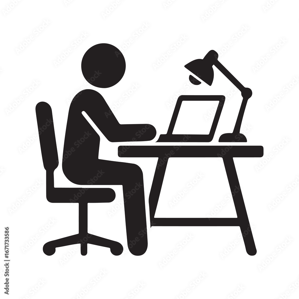 Fototapeta premium Person Working at Desk with Laptop and Lamp Silhouette Vector Illustration