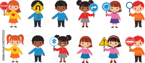 Cartoon children holding traffic signs, road safety education, diverse kids learning rules, colorful illustration, awareness campaign, stop yield turn signs