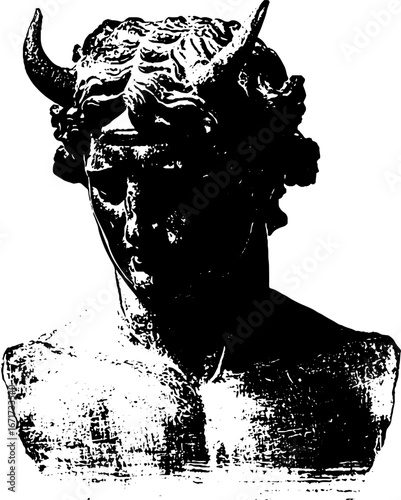 Grunge black and white illustration of cracked mythological bust for urban art design