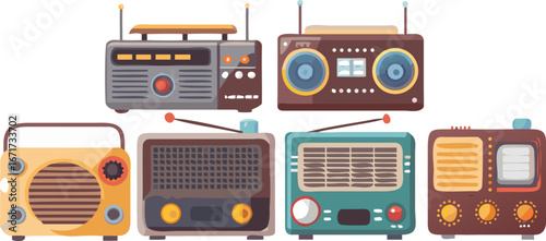 Vintage radio set illustration featuring a classic radio design with knobs and a speaker grille.