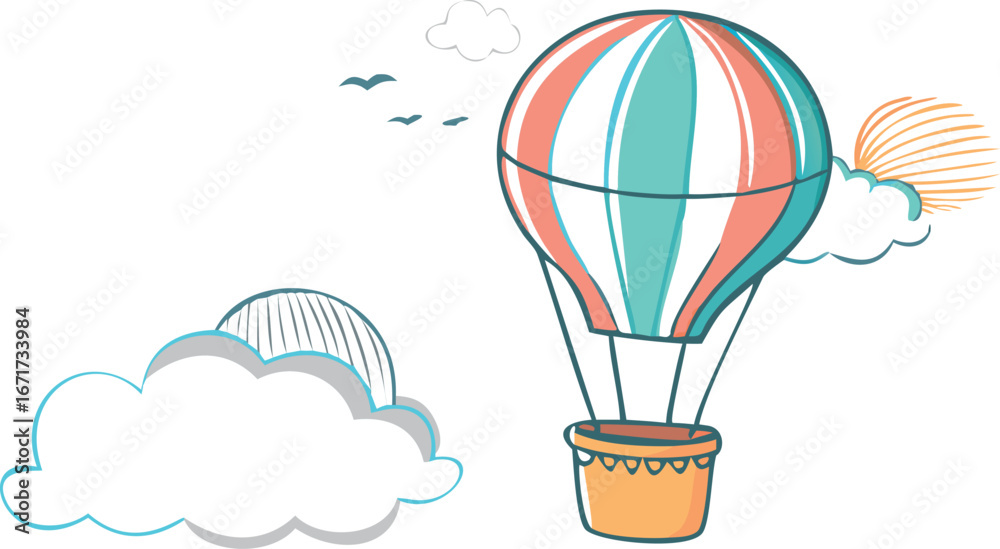 Obraz premium A colorful hot air balloon soars through a blue sky dotted with fluffy white clouds.