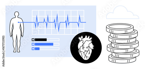 Human figure with EKG chart, heart illustration, and stacked coins reflecting health monitoring, medical research, financial planning. Ideal for healthcare, finance, wellness, technology analysis