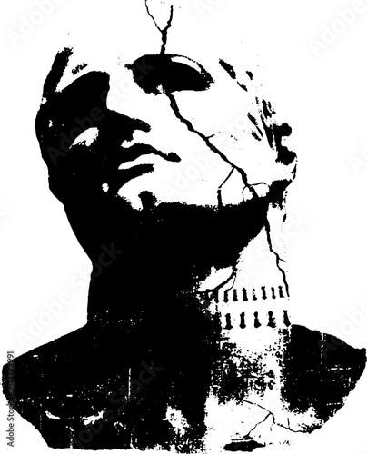 Black and white grunge illustration of cracked statue head for urban art design