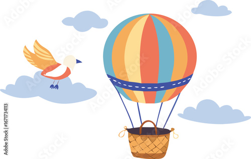 A colorful hot air balloon floats in the sky, accompanied by a bird soaring nearby.
