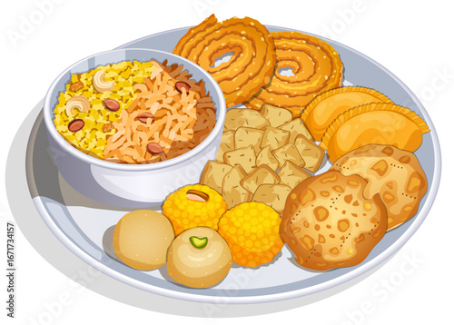 Diwali Sweet and Savory Snacks Thali Illustration - Poha Chivada, Murmura, Chakli, Gujiya, Napakparay, Thattai, Boondi and Besan Ladoo.