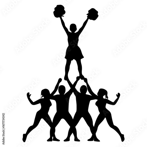 "Cheerleading Stunt Team Pyramid with Base and Top Flyer"