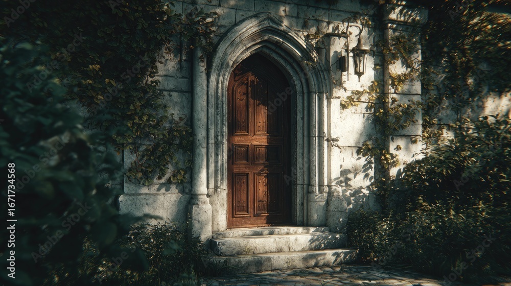 Fototapeta premium Old stone doorway with wooden door in overgrown garden.