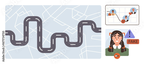 Curved road over map, social network connections, deepfake face verification, and fake content warning. Ideal for decision-making, media literacy, online safety, misinformation awareness, navigation